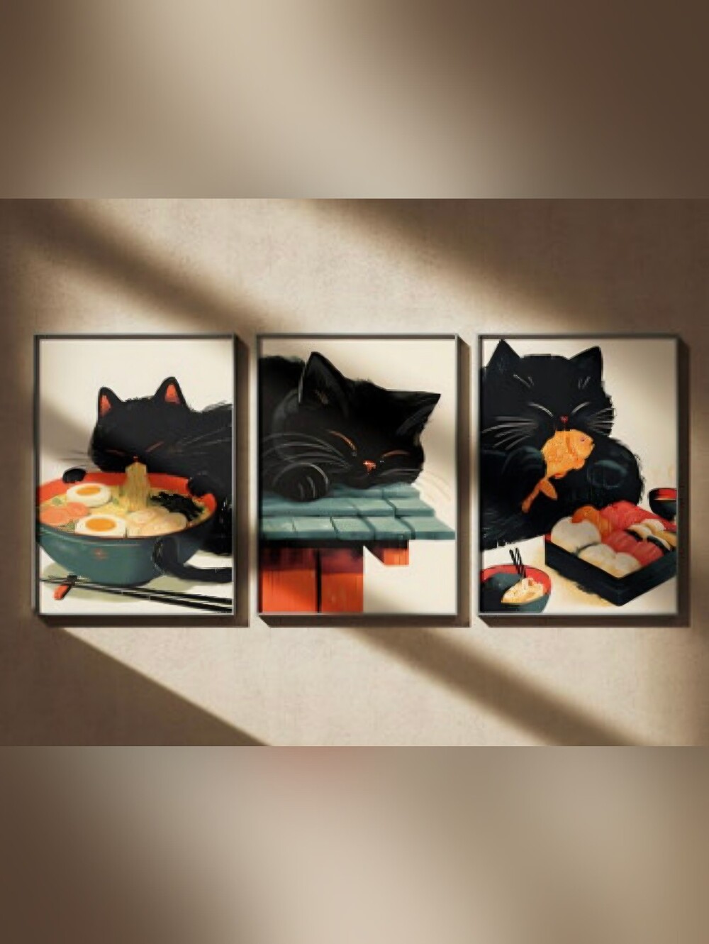 NWT Set of 3 Japanese Black Cat Sushi & Ramen Canvas Art Prints Wall Decor